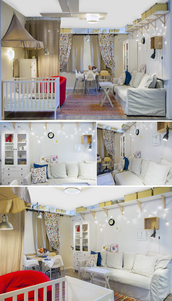 Интерьер гостиной с уголком для младенца