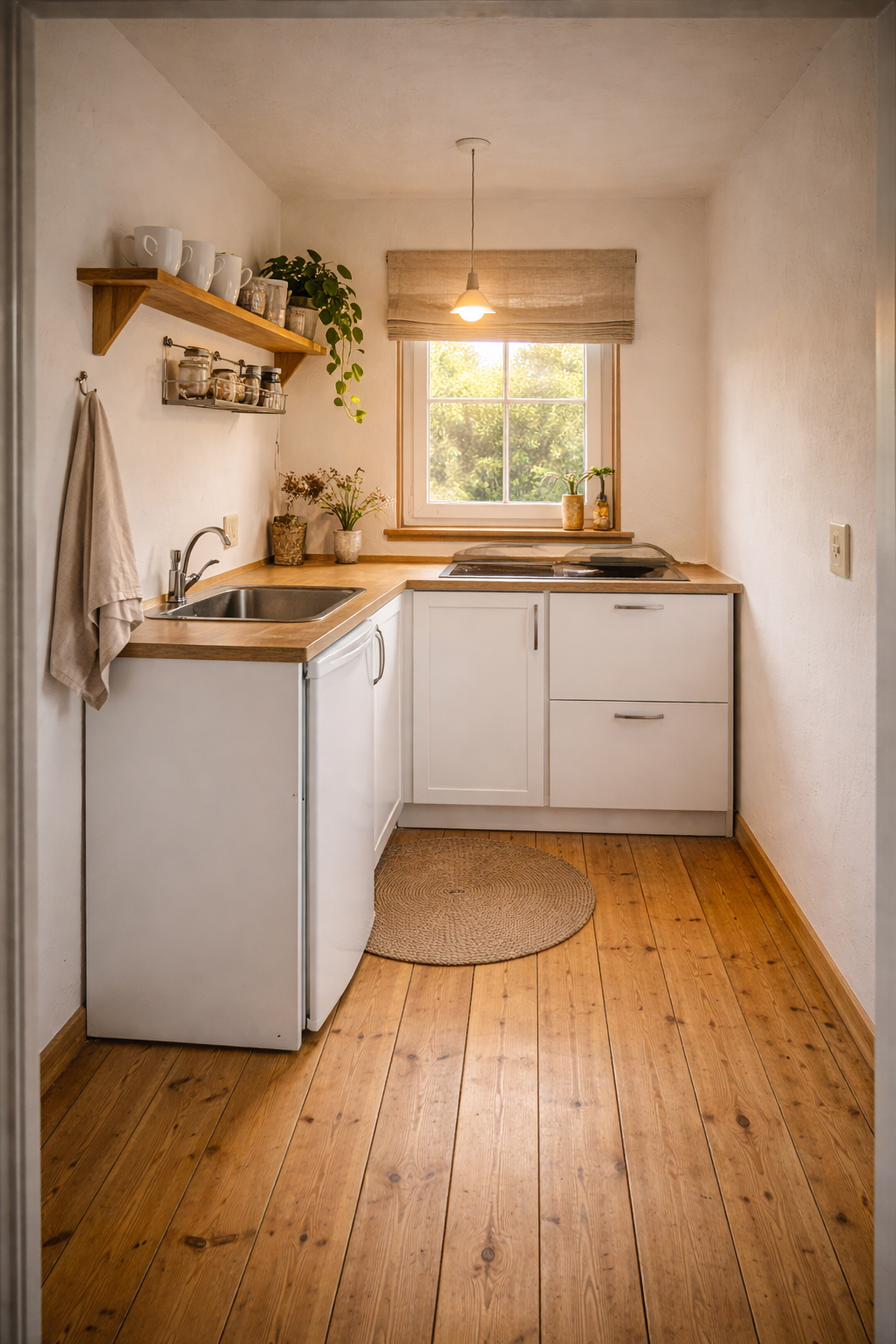 Та же комната 5 кв.м после обустройства — белая мини-кухня с рейлингом и тёплым освещением