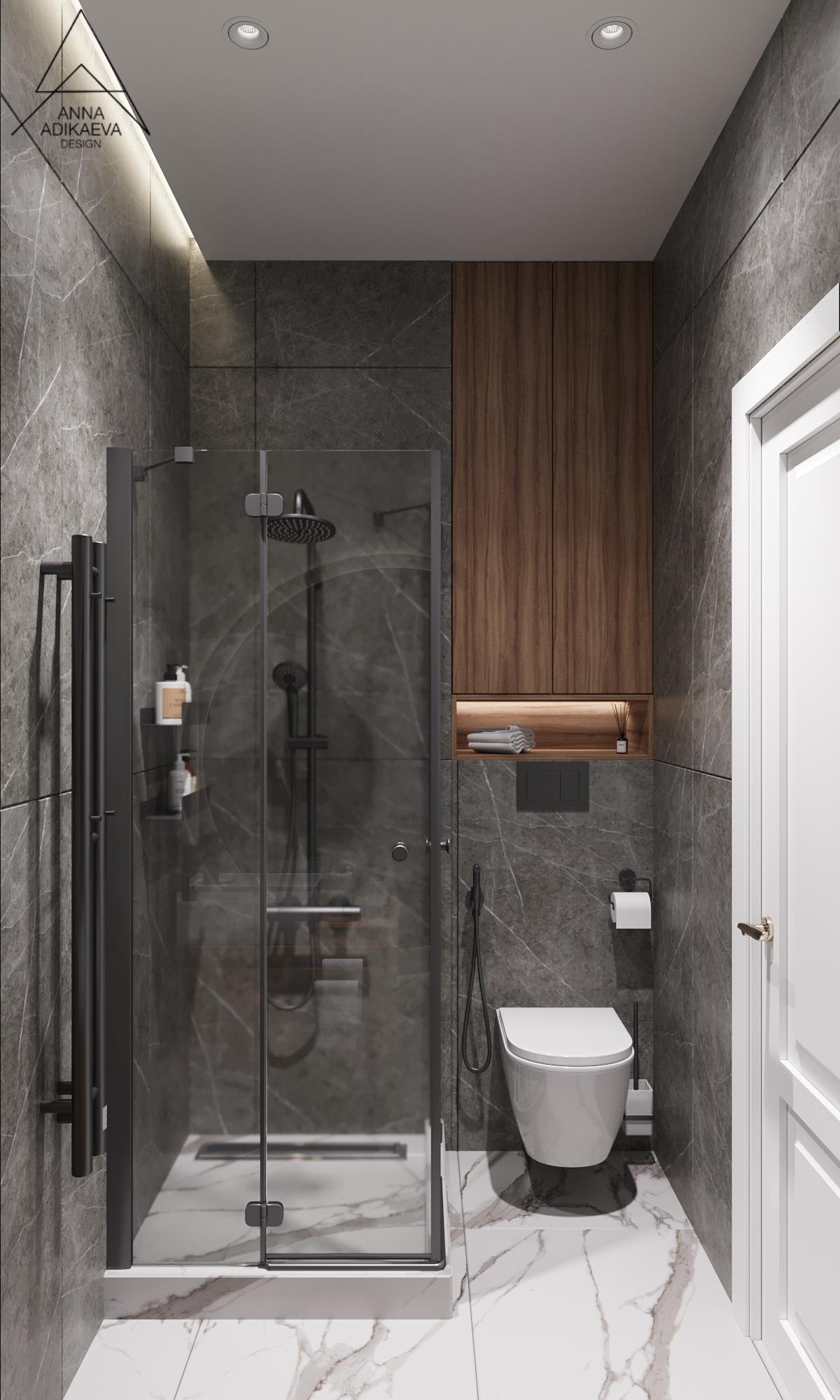 Компактная ванная комната 150×170 — линейная планировка с душевой кабиной, тёмный мрамор, встроенный шкаф-колонна