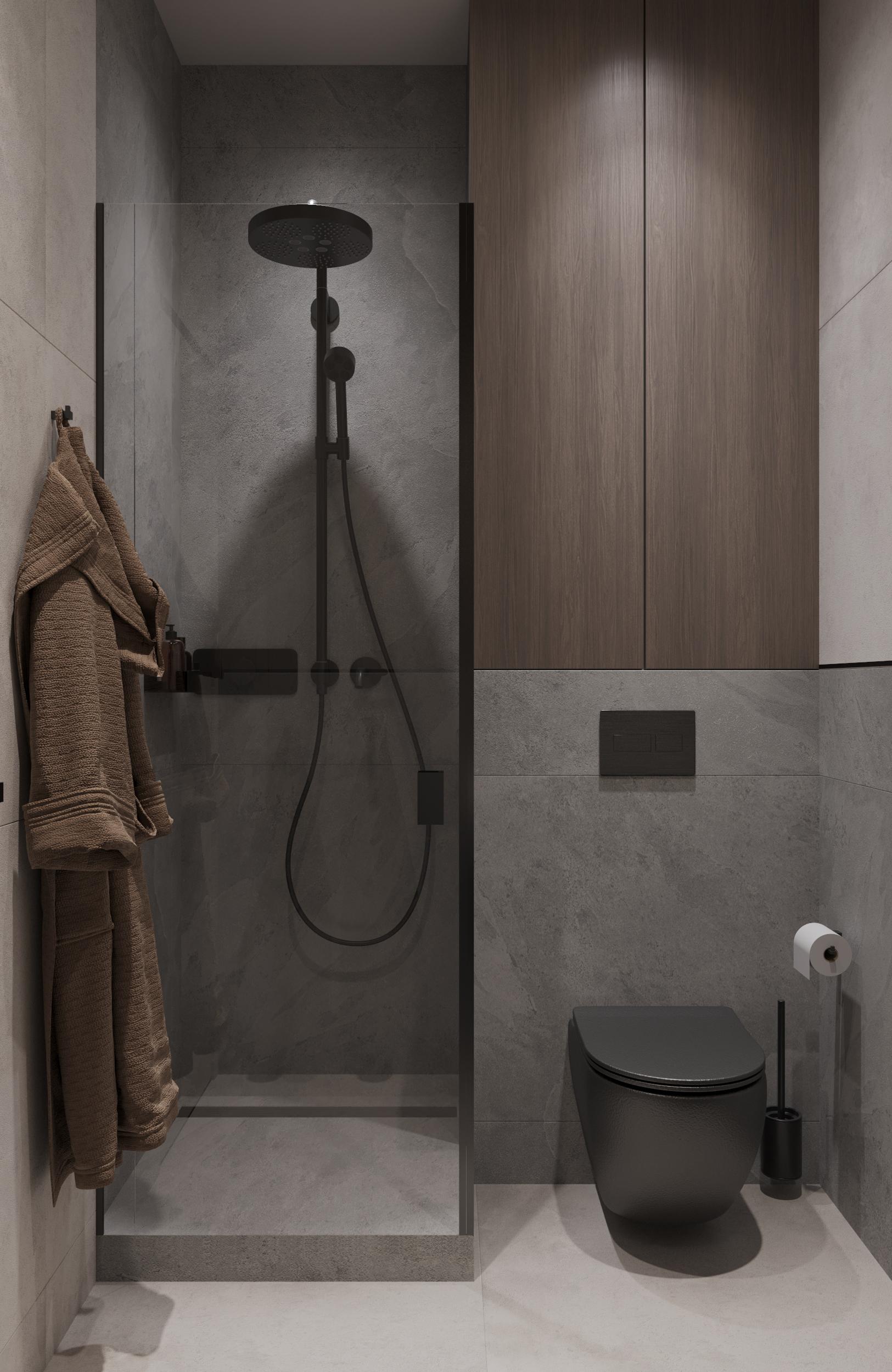 Ванная комната в стиле минимализм — компактная планировка, серый камень, чёрная сантехника, деревянная тумба