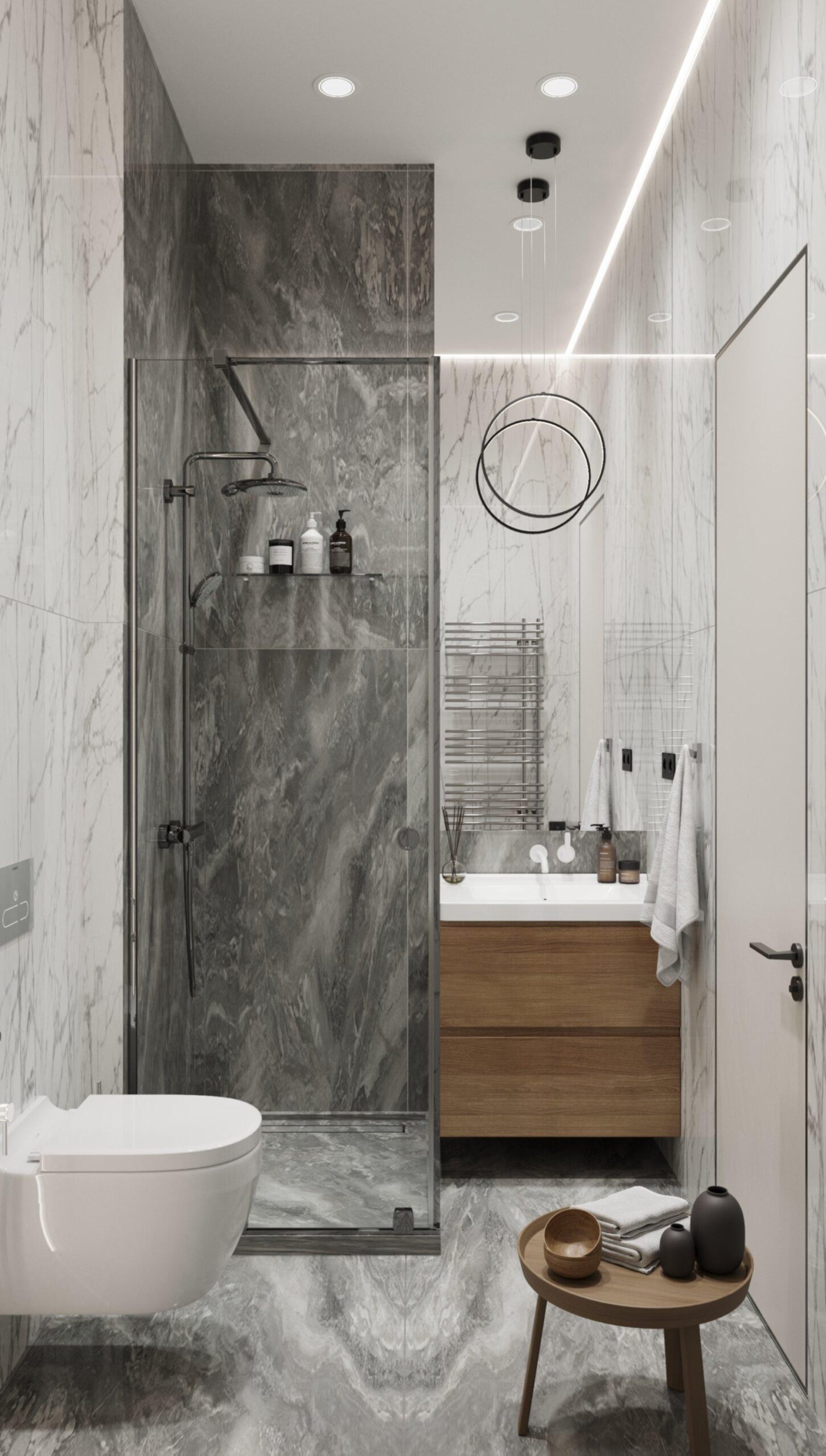 Современная ванная 150×170 см — линейная планировка с открытой душевой зоной, мраморная плитка и деревянная мебель
