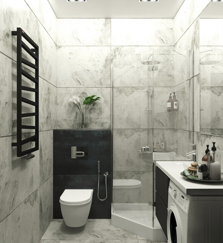 Ванная 150×170 в стиле минимализм — линейная планировка вдоль двух стен, мраморная плитка, стиральная машина под раковиной