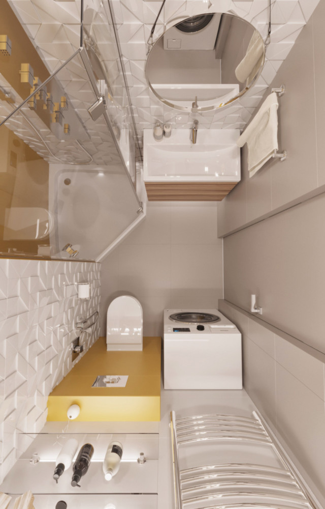 Ванная комната в стиле минимализм с жёлтым акцентом — линейная планировка вдоль одной стены, геометрическая плитка