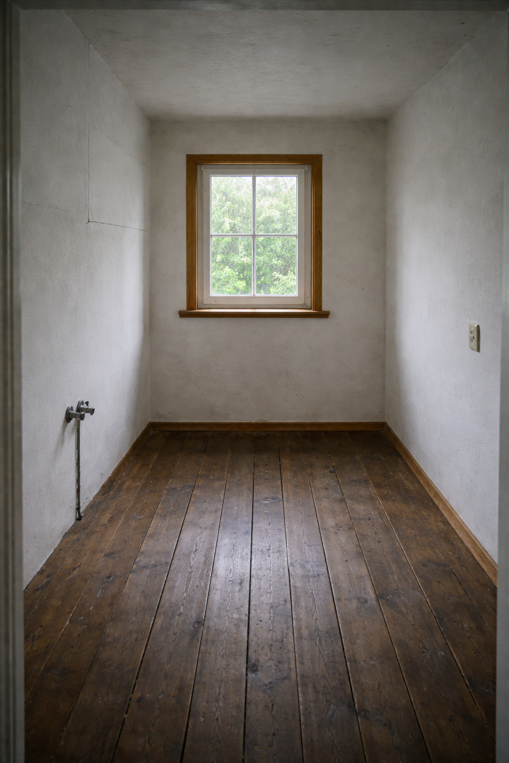 Пустая комната 5 кв.м на даче до обустройства кухни — голые стены и старый пол