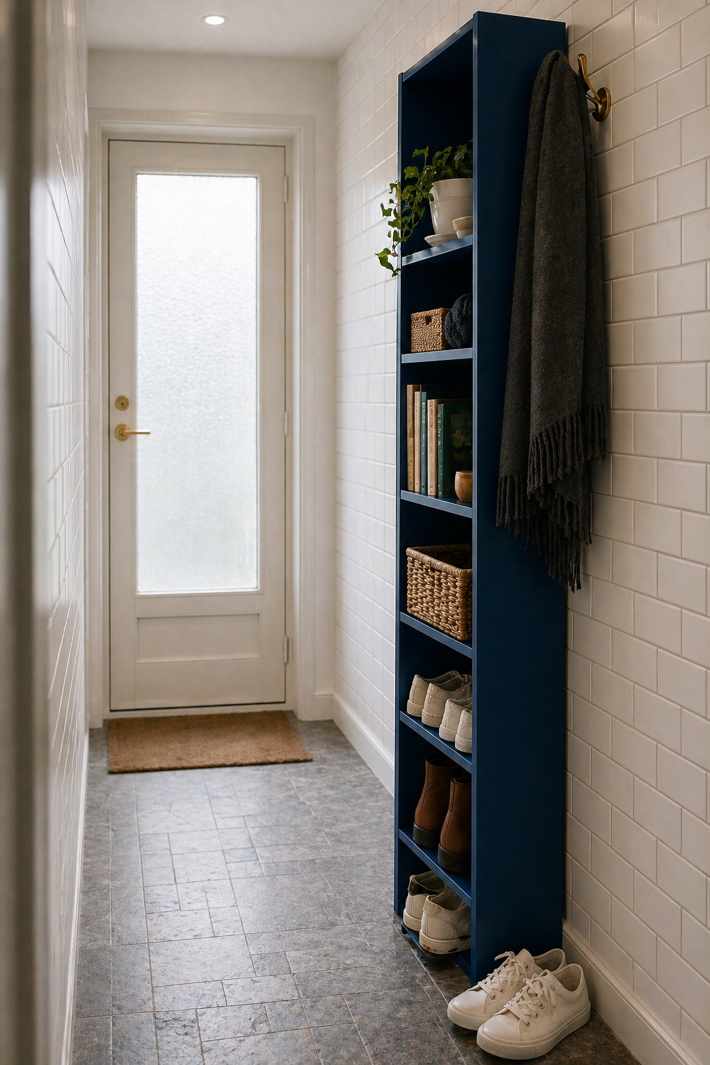 Синий IKEA BILLY 40×202 см в узкой прихожей с белой плиткой — нижние полки для обуви, верхние для ключей и аксессуаров