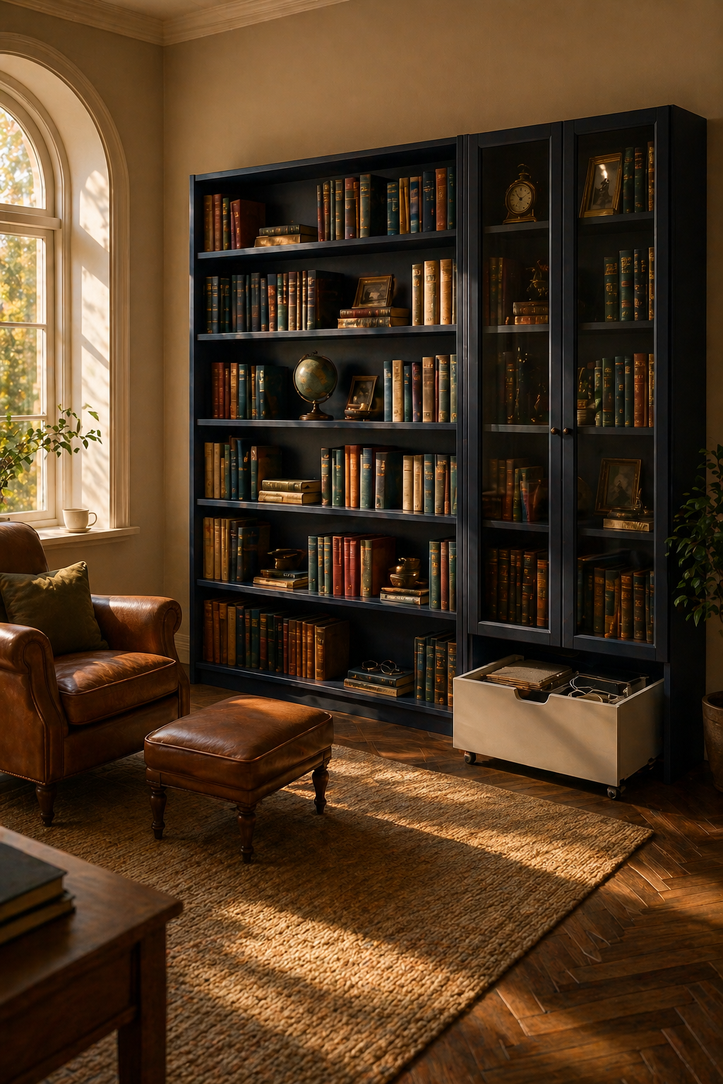 Библиотечная стена из двух тёмно-синих IKEA BILLY — открытый 160 см и OXBERG со стеклом 80 см — в гостиной