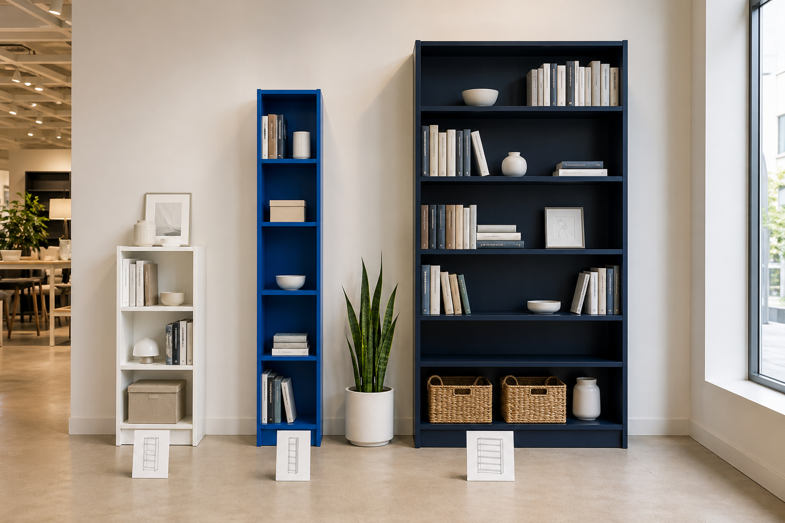 Три IKEA BILLY разного размера рядом: белый 40×106 см, синий 40×202 см, тёмно-синий 160×202 см