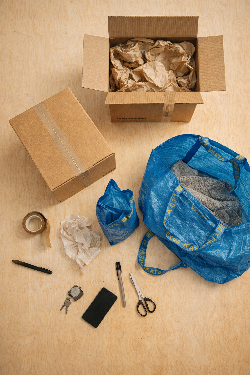 Сравнение упаковки для переезда: коричневые картонные коробки DUNDERGUBBE разного размера и синие сумки FRAKTA, разложенные на полу светлой комнаты