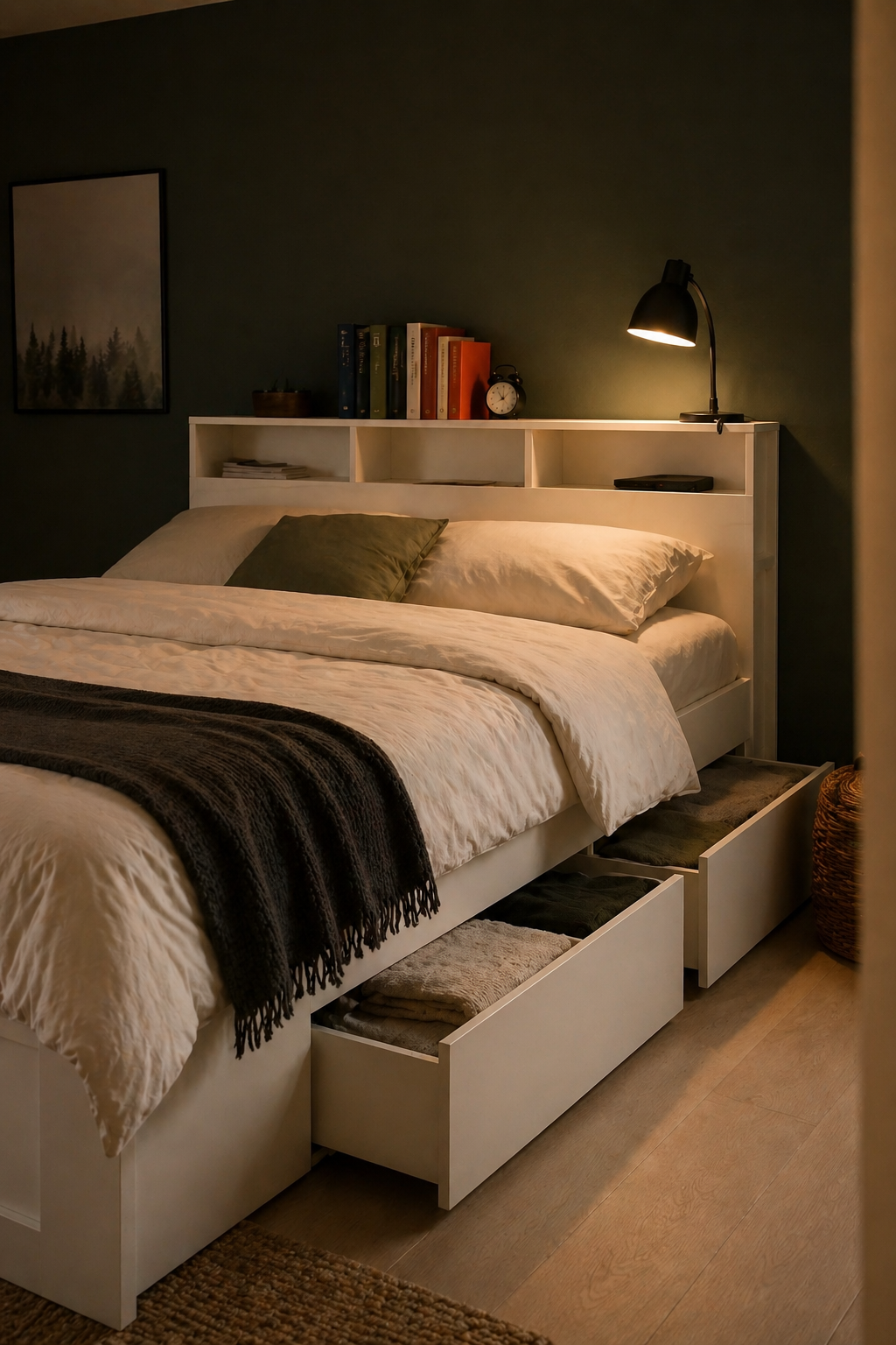 Кровать IKEA BRIMNES 160×200 с полкой-изголовьем — книги на полке, ящики для хранения открыты