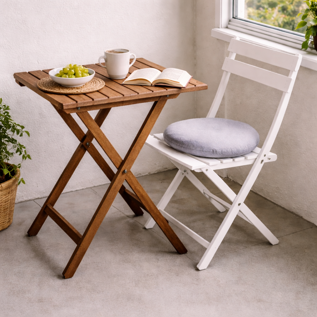 Складной стол ASKHOLMEN из акации и белый стул FEJAN на лоджии