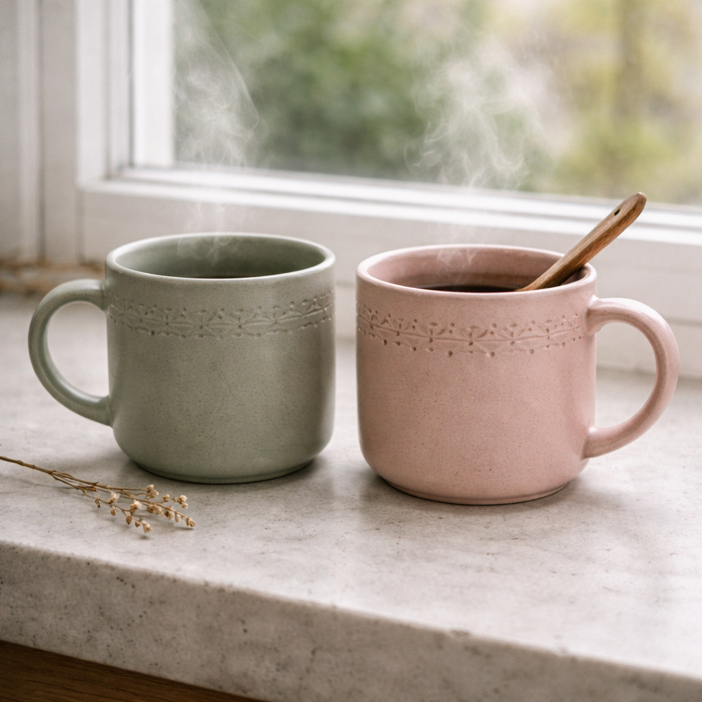 Керамические кружки SMÖRFISK — светло-зелёная и розовая пара