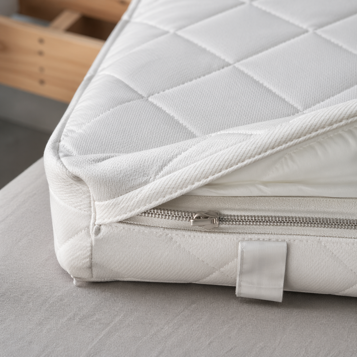 Детали стёганого чехла матраса: ромбовидная стёжка и молния YKK