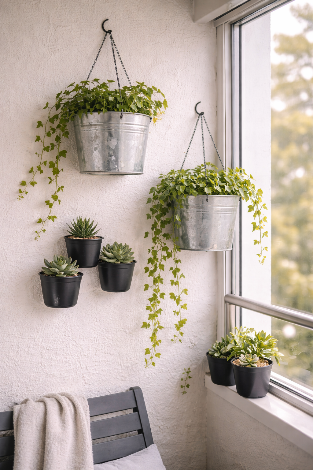 Зелёная стена на лоджии: кашпо KORKGRAN и PÄRLRÖNN с растениями