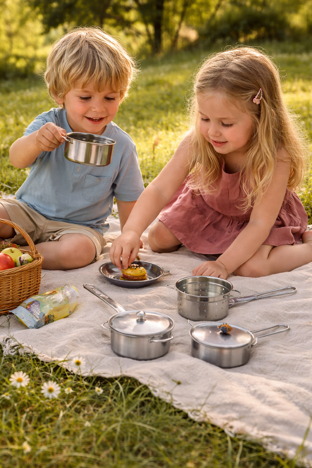 Дети играют с игрушечной посудой DUKTIG на пикнике на зелёной поляне