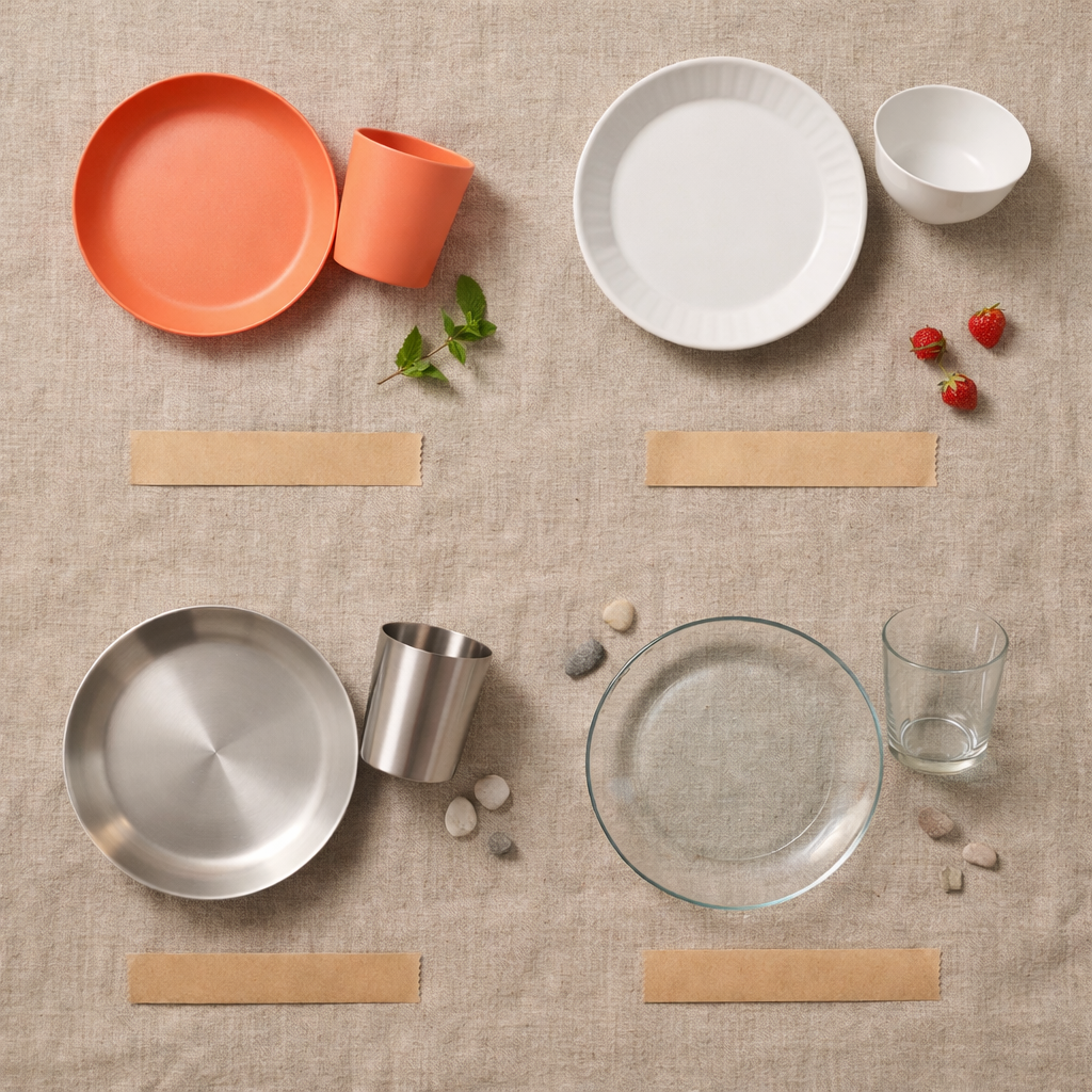 Сравнение материалов для пикниковой посуды: полипропилен, меламин, нержавеющая сталь и стекло на джутовой ткани