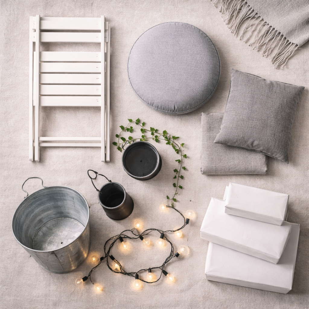 Товары IKEA для обустройства лоджии: стол, стулья, подушка, гирлянда, кашпо