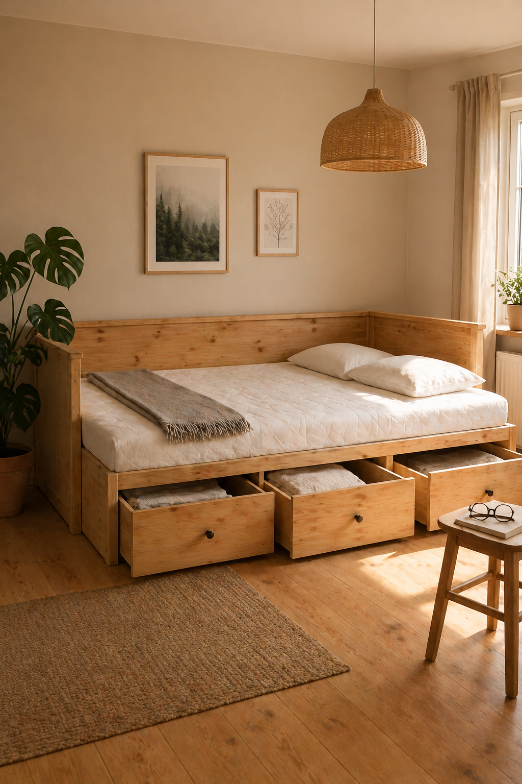 Кушетка IKEA HEMNES в разложенном виде 160×200 — массив сосны, три ящика для хранения