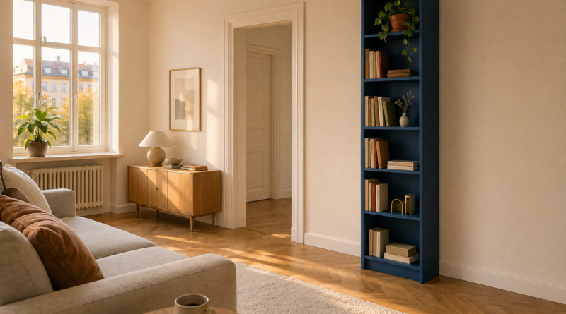 Синий IKEA BILLY 40×202 см в светлой скандинавской гостиной — книги в нейтральных тонах, золотистый свет из окна