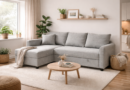 Угловой раскладной диван светло-серого цвета в современной гостиной с декоративными подушками