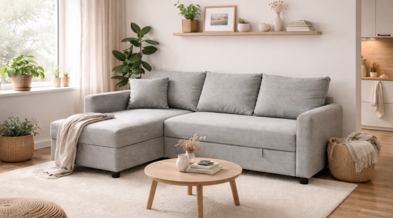 Угловой раскладной диван светло-серого цвета в современной гостиной с декоративными подушками
