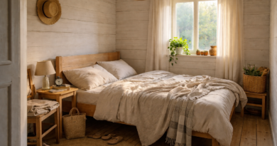 Дачная спальня с деревянной кроватью у стены, утренний свет через окно, льняное покрывало и горшечное растение на подоконнике