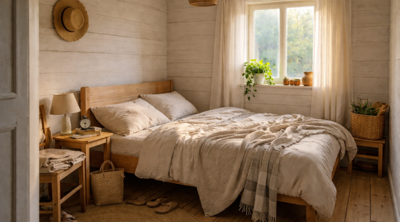 Дачная спальня с деревянной кроватью у стены, утренний свет через окно, льняное покрывало и горшечное растение на подоконнике