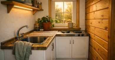 Маленькая кухня на даче площадью 5 кв.м в деревянном доме с белыми МДФ шкафами и открытой полкой над мойкой