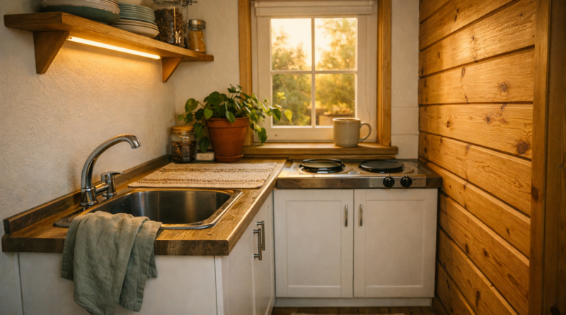 Маленькая кухня на даче площадью 5 кв.м в деревянном доме с белыми МДФ шкафами и открытой полкой над мойкой