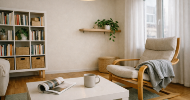 Современная гостиная в скандинавском стиле с минималистичной мебелью IKEA: кресло POÄNG, журнальный столик LACK и стеллаж KALLAX у окна