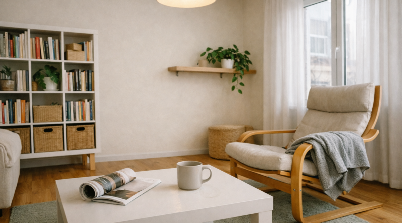 Современная гостиная в скандинавском стиле с минималистичной мебелью IKEA: кресло POÄNG, журнальный столик LACK и стеллаж KALLAX у окна