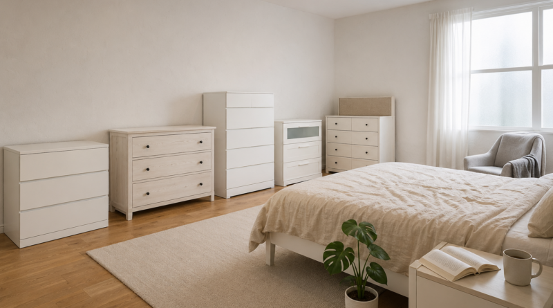 Пять серий комодов IKEA (MALM, HEMNES, NORDLI, BRIMNES, IDANÄS) в светлой скандинавской спальне