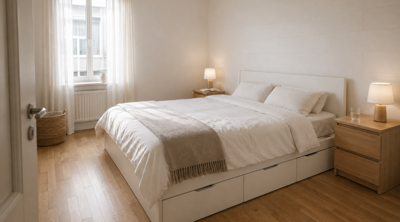 Спальня 14 м² с кроватью IKEA MALM 160×200 в белом шпоне, минималистичный скандинавский интерьер