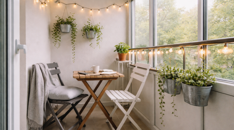 Лоджия 4 м² в скандинавском стиле: складной стол, стулья и гирлянда IKEA