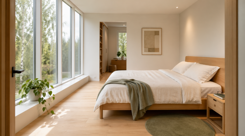 Скандинавская спальня с белым матрасом и постельным бельём IKEA