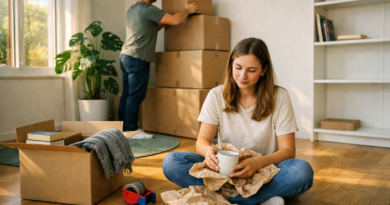 Семейная пара упаковывает коробки в светлой комнате — сцена переезда с картонными коробками DUNDERGUBBE и синими сумками FRAKTA на полу