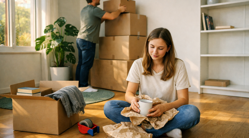 Семейная пара упаковывает коробки в светлой комнате — сцена переезда с картонными коробками DUNDERGUBBE и синими сумками FRAKTA на полу