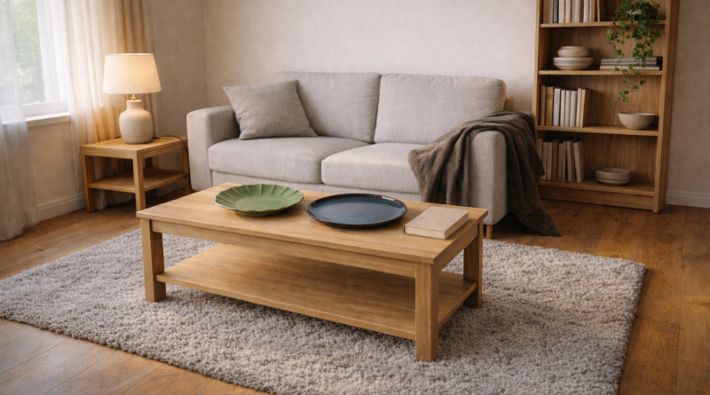 Светлая скандинавская гостиная с ковром ARENDE, лампой BLIDVADER и тарелками MAVINN и GLADELIG