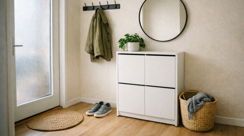 Обувница в светлой скандинавской прихожей — закрытый белый шкаф с ботинками, крючок для одежды, зеркало на стене