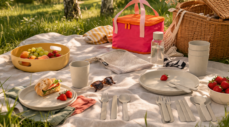 Пикник на зелёной поляне: разложенная посуда, плед и корзина под тёплым утренним светом