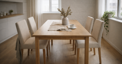 Четыре стула BERGMUND из бежевой ткани у светлого дубового стола в скандинавской столовой