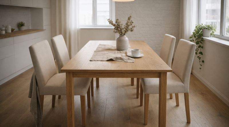 Четыре стула BERGMUND из бежевой ткани у светлого дубового стола в скандинавской столовой