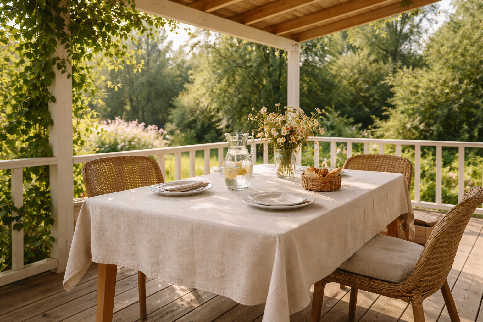 Летняя веранда со столом в бежевой хлопковой скатерти, в плетёных креслах, кувшин с лимонадом и ваза с полевыми цветами