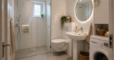 Современная планировка ванной комнаты 150×170 см с душевой кабиной — вид изнутри, скандинавский стиль