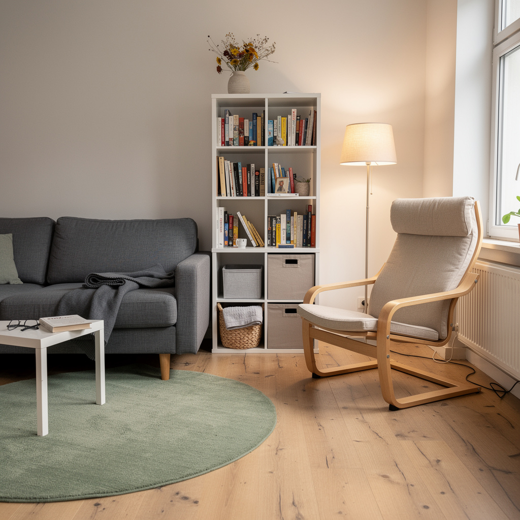 Стильная гостиная с мебелью IKEA: диван FRIHETEN, стеллаж KALLAX, книжный шкаф BILLY, кресло POÄNG и столик LACK