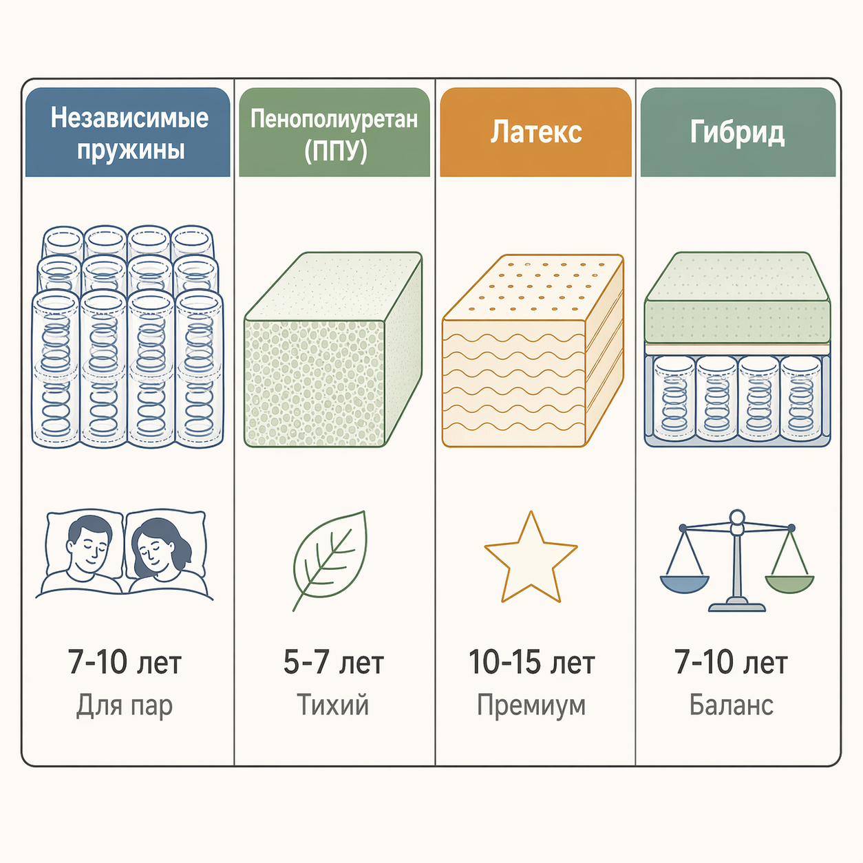 Сравнение типов наполнителей матрасов: пружины, ППУ, латекс, гибрид