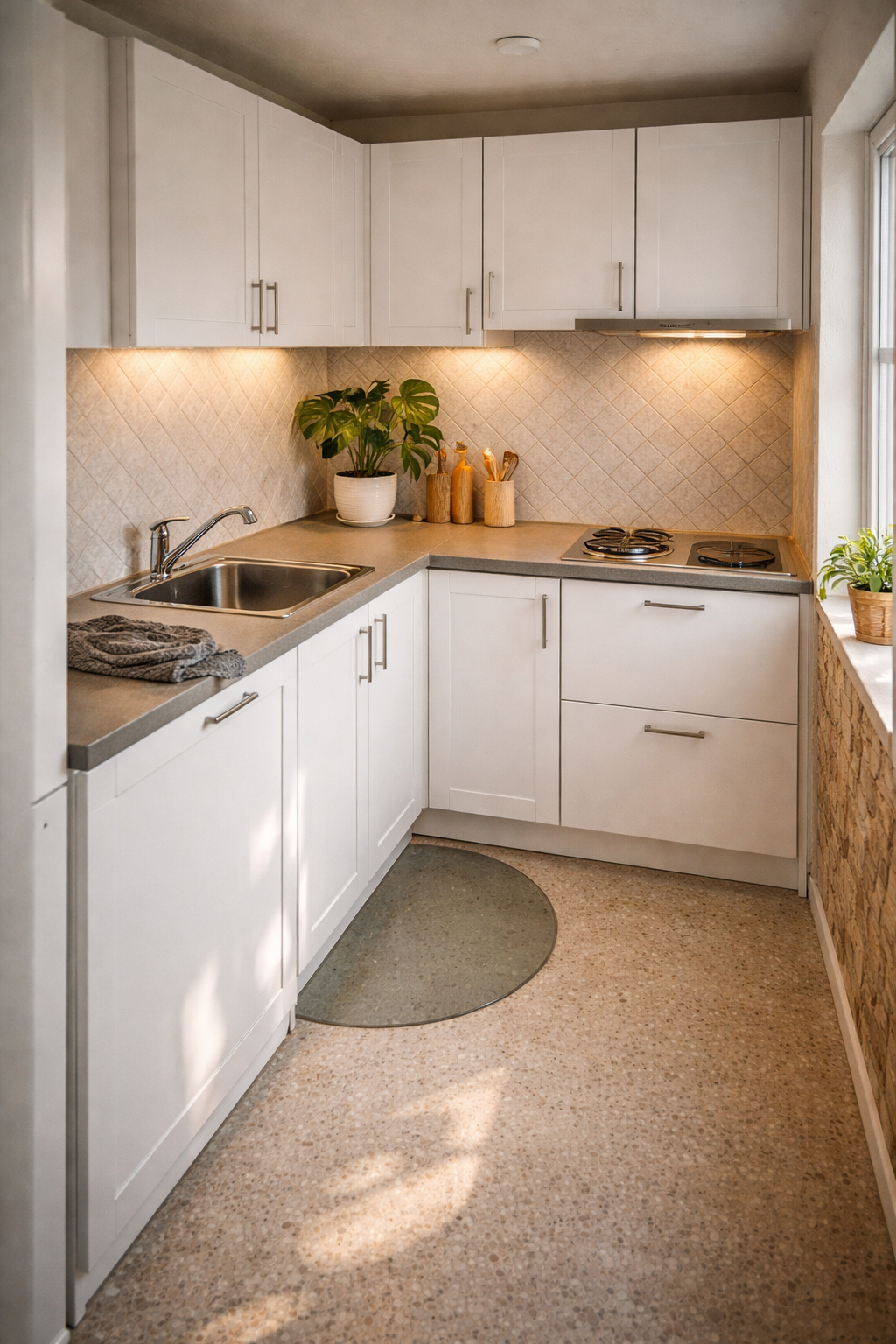 Угловая кухня KNOXHULT на даче в кирпичном доме, площадь комнаты 6 кв.м с серой плиткой и терраццо