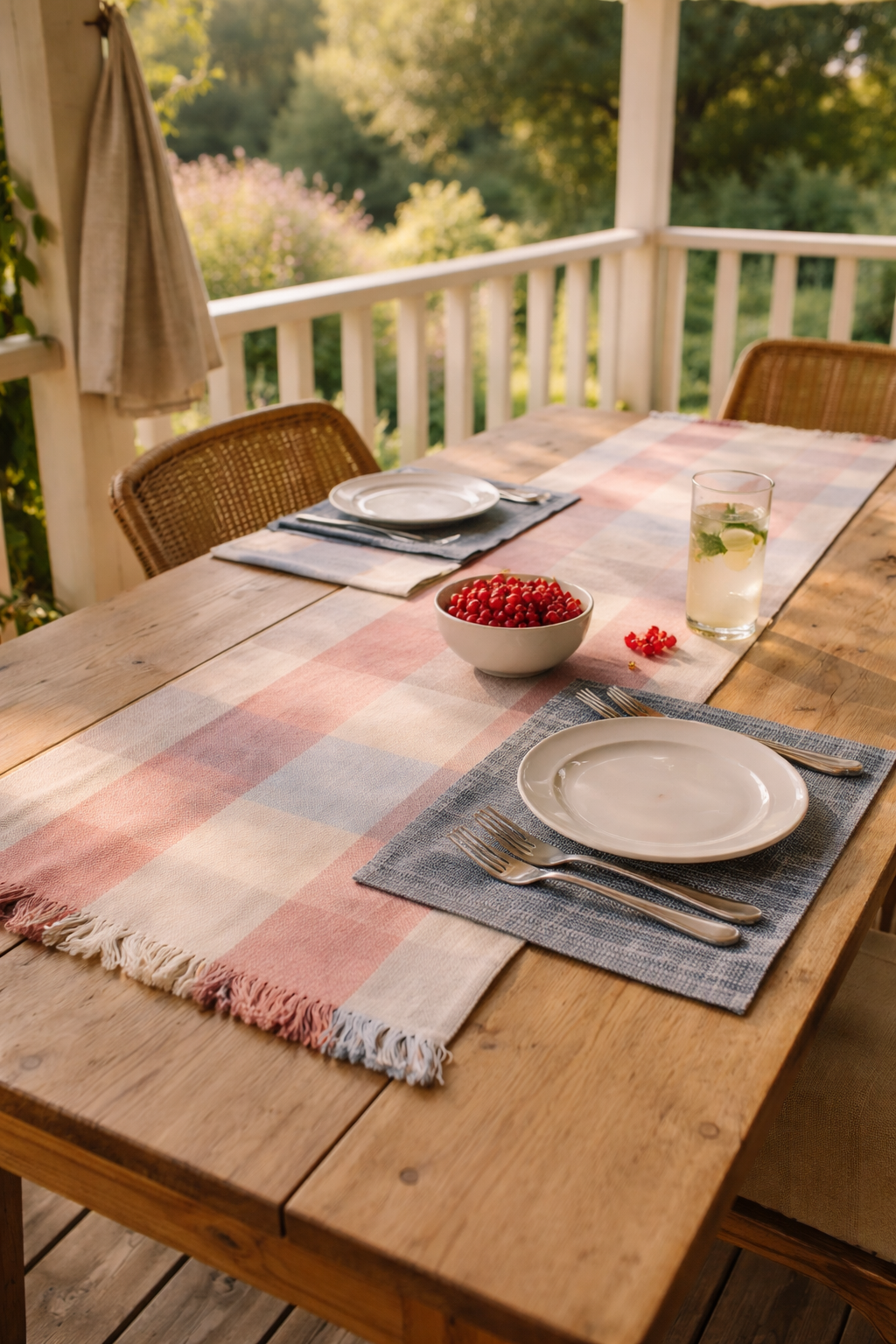 Настольная дорожка и синие салфетки IKEA на деревянном столе веранды, тарелки и ваза с ягодами