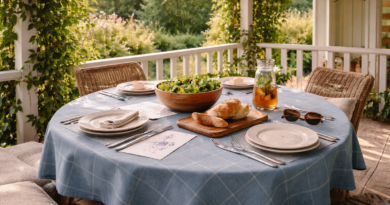 Синяя скатерть NISSÖGA на круглой веранде под перголой, сервировка для семейного обеда с салатом и хлебом