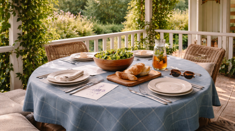 Синяя скатерть NISSÖGA на круглой веранде под перголой, сервировка для семейного обеда с салатом и хлебом