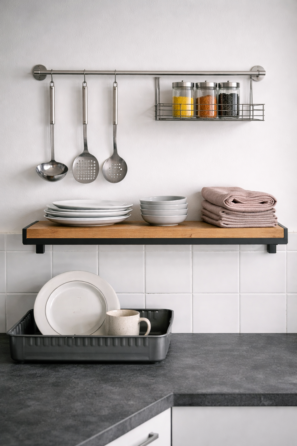 Рейлинг KUNGSFORS с крючками и полка BOASTAD для хранения посуды на маленькой дачной кухне